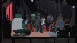 A screenshot from Akupara Games' Mutazione. An illustrated image of a group of people gathered around, smiling and talking.