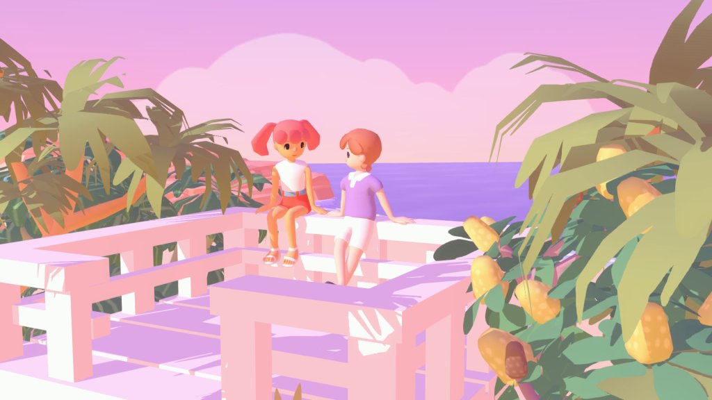 Two pastel-toned cartoon characters sit on an outlook near the beach. Image from surf club, an upcoming videogame by Olivia Haines.