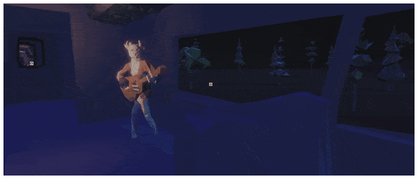Glitchhikers: The Spaces Between character where a horned character plays musical instruments in a variety of darkly lit locations