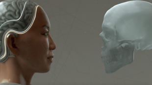 A female robot's head looks at an artificial human skull