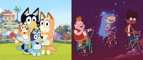 A composite image shws characters from Bluey on the left and characters from The Strange Chores on the Right, courtesy of Ludo Studio.