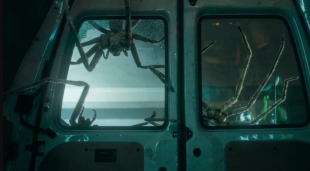 Larger-than-life spiders scale the back windows of a white transit van in a publicity still for Infested, on AMC+ and Shudder.