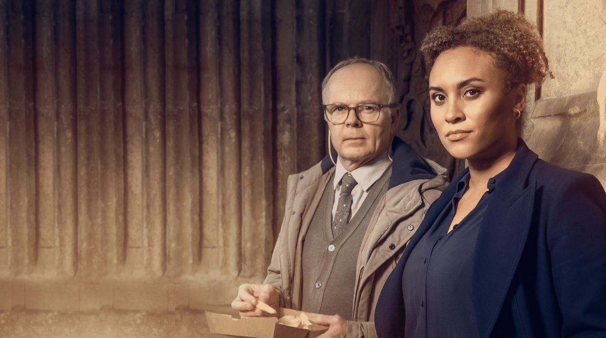 A publicity still from the upcoming series McDonald & Dodds – Season 4 on BritBox.