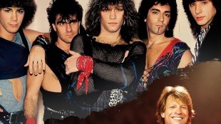 Band members from Bon Jovi pose for a picture in the 1980s alongside a more modern image of Jon Bon Jovi in a publicity image for Thank You, Goodnight: The Bon Jovi Story on Disney+.