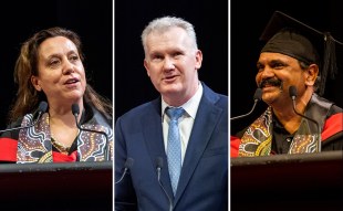 (L-R) AFTRS Council Chair Rachel Perkins, Minister for the Arts, The Hon Tony Burke, Master of Arts Screen: Business Graduate EJ Garrett. Images supplied.