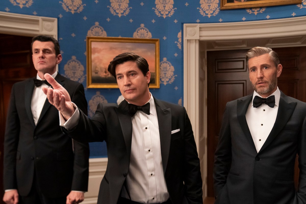 The Residence. (L To R) Nathan Lovejoy As Ambassador Alden Tamridge, Ken Marino As Harry Hollinger, Brett Tucker As David Rylance In Episode 102 Of The Residence. Image: Jessica Brooks/Netflix © 2024.