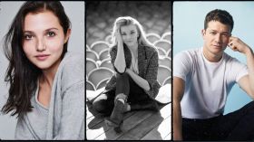 The cast of British drama The Lady L-R: Mia McKenna Bruce, Natalie Dormer, Ed Speelers. Images: Ruth Crafer, Chris Floyd and David Reiss. Via BINGE.
