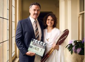 Marton Csokas as Vic Edwards and Lila McGuire as Evonne Goolagong on the set of Goolagong. Credit: Ben King.