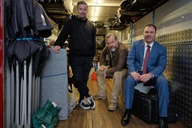 The Dispatcher: Director and EP Christian Schwocow, Brendan Cowell and Minister Colin Brooks. Image: Lachlan Moore/VicScreen/AppleTV