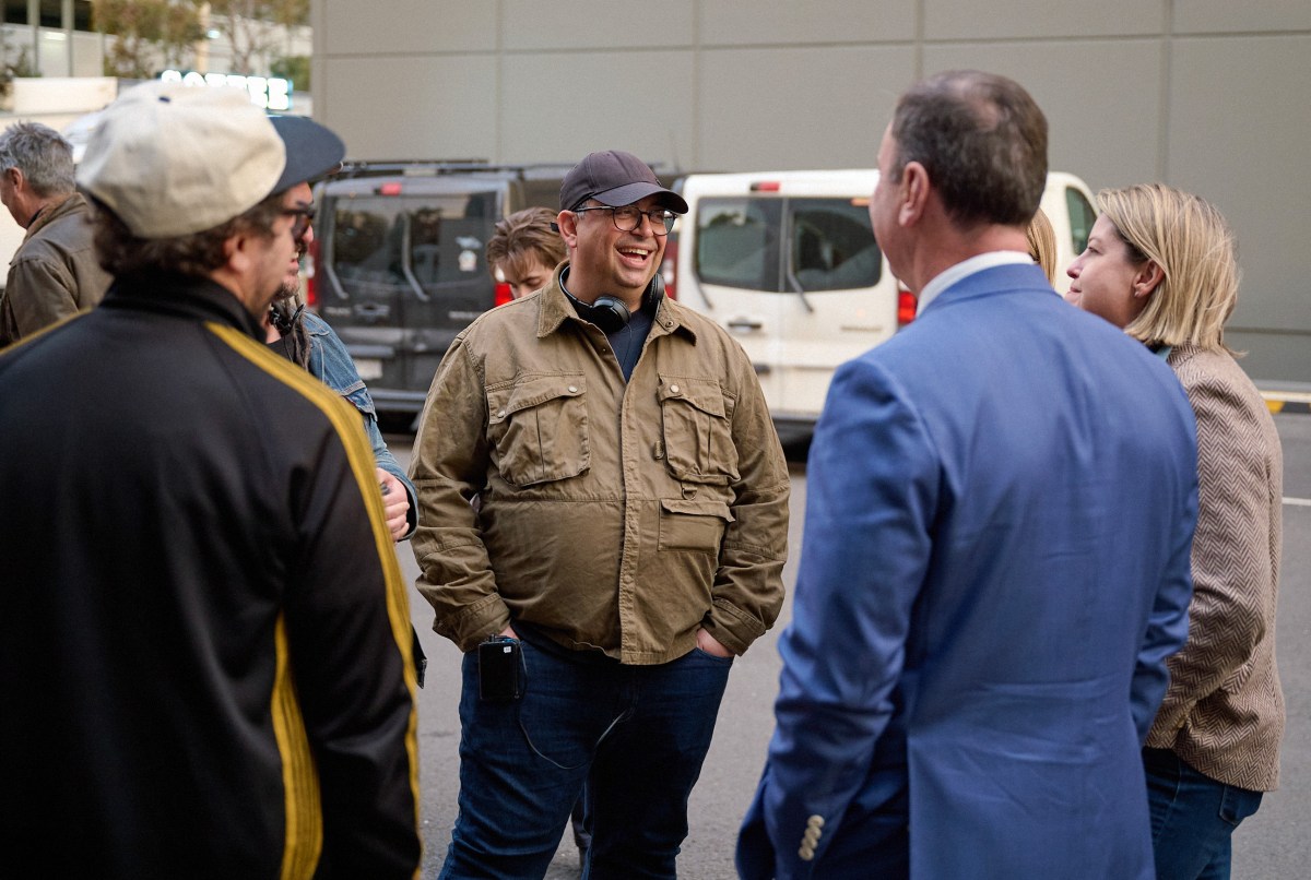 The Dispatcher: Director And Ep Christian Schwocow, Brendan Cowell And Minister Colin Brooks. Image: Lachlan Moore/Vicscreen/Appletv.