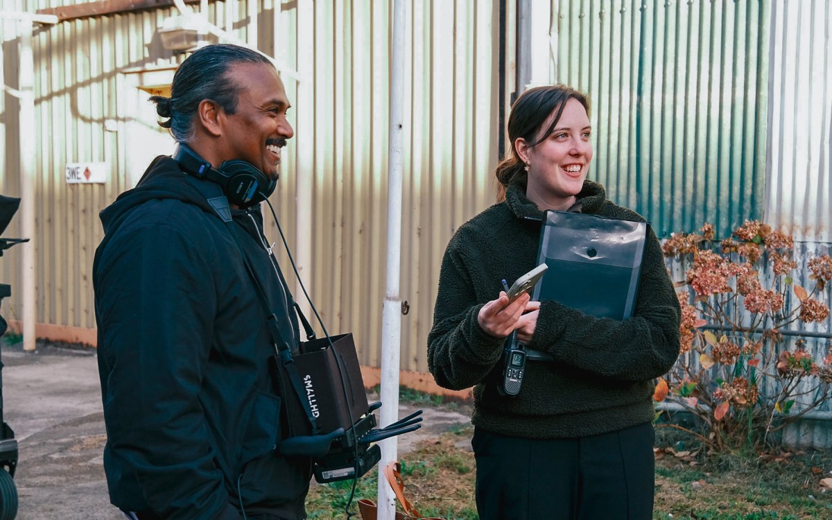 L–R: Master of Film and Television graduates Ravi Chand (director) and Sara Norman (producer) on set of Chand’s graduating film Coconut. Image: Candice Chen.