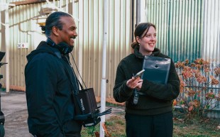 L–R: Master of Film and Television graduates Ravi Chand (director) and Sara Norman (producer) on set of Chand’s graduating film Coconut. Image: Candice Chen.