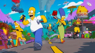 Fortnite x The Simpsons. Colourful characters from The Simpsons run down a Springfield street towards the viewer.