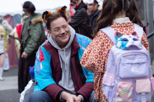 Brendan Fraser and Shannon Gorman in Rental Family. Photo: James Lisle / Searchlight Pictures / Disney+.