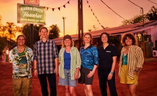From left, Madeleine Sami, Kate Box, Kate McCartney, Kate McLennan, Nina Oyama and Alicia Gardiner during filming of Deadloch S2. Image: Prime Video.