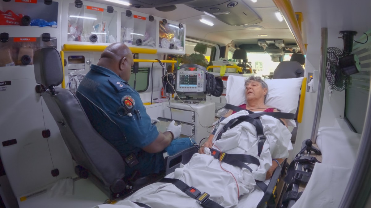 George Fennemore With Patient Hazel Inside The Ambulance In Cairns In Our Medicine S2. Image: Nitv / Sbs.