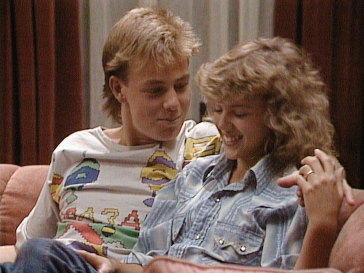 Kylie with co-star Jason Donovan in Neighbours. Image: Netflix.